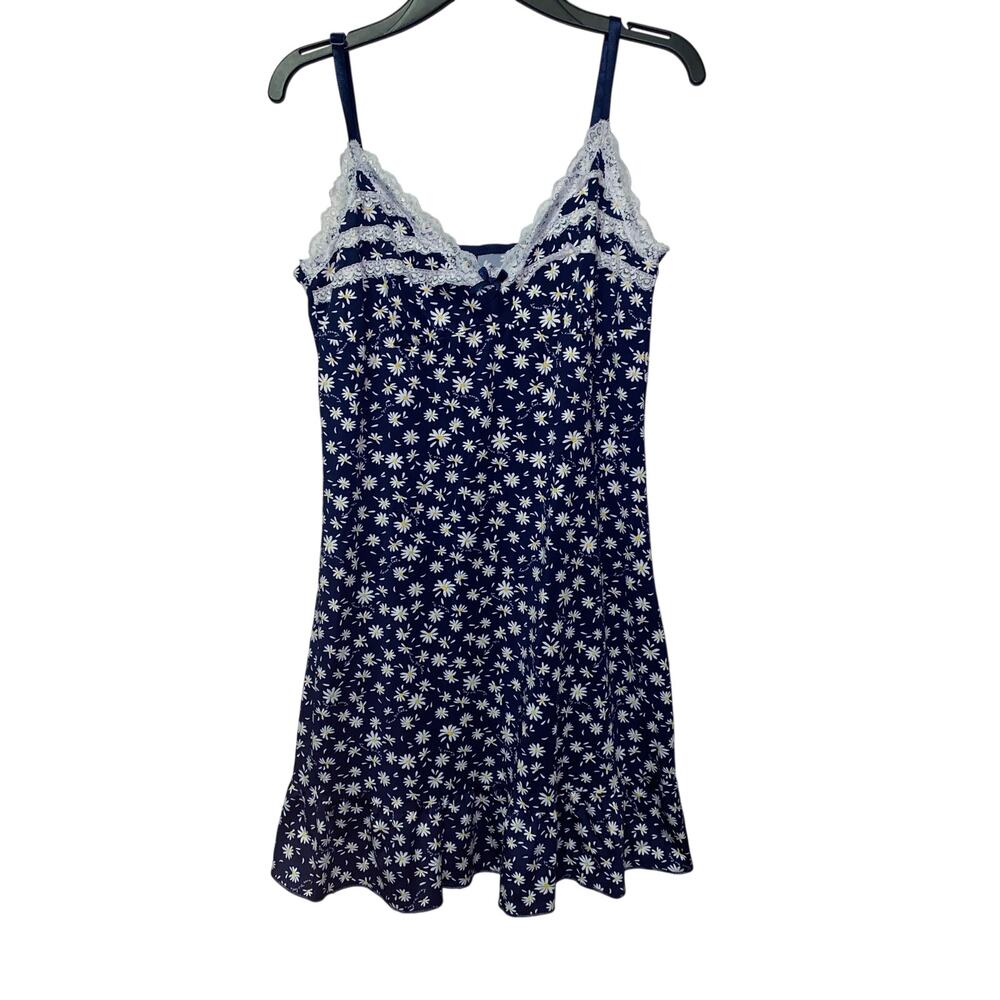 Laura Ashley Lingerie Chemise Slip Gown Medium Blue Floral Lace Trim Wireless